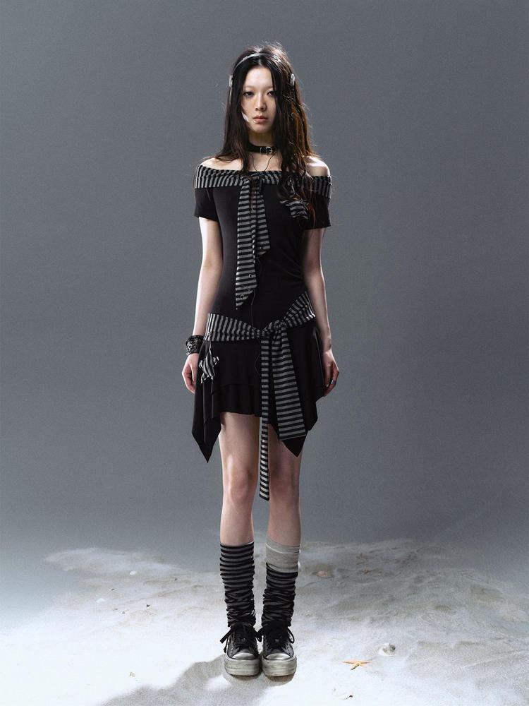 Cest Nous Punk Starfish Striped Tie Shoulder Dress
