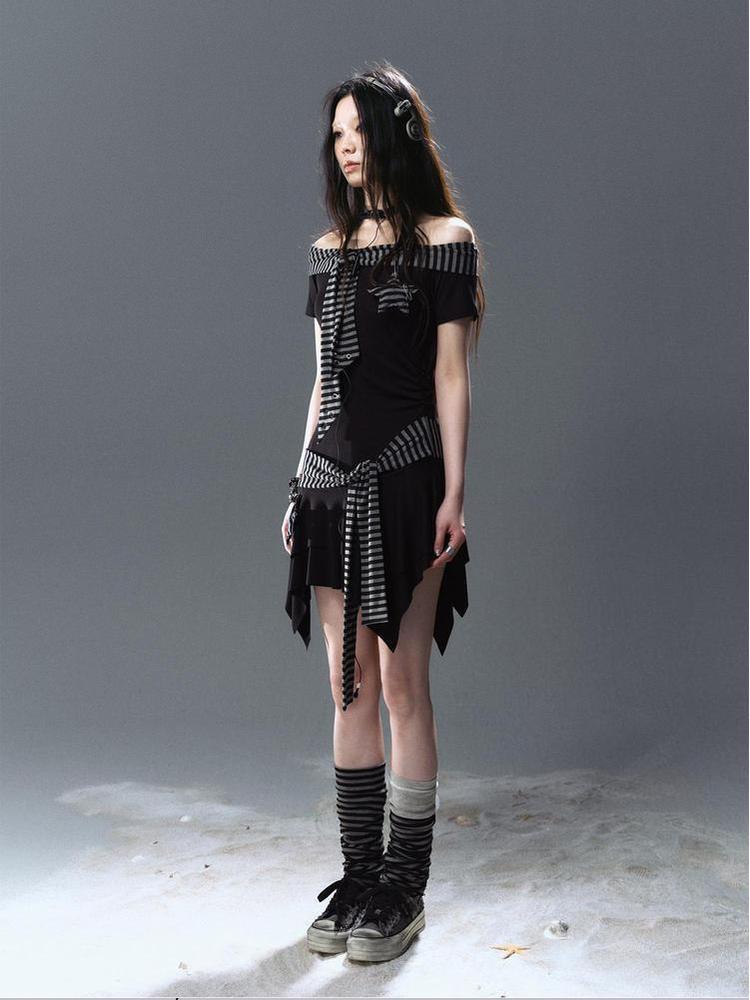 Cest Nous Punk Starfish Striped Tie Shoulder Dress