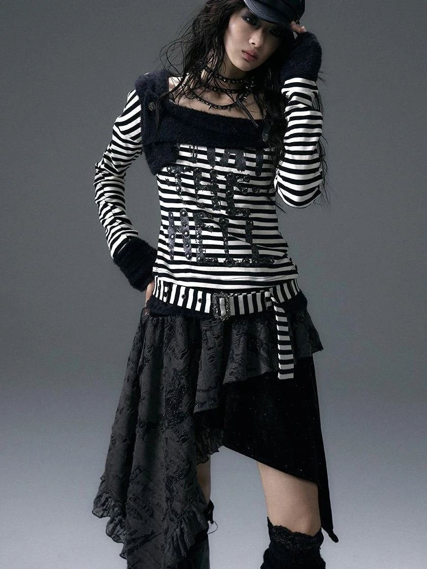 Punk Street Asymmetrical Striped Print Knit T-Shirt