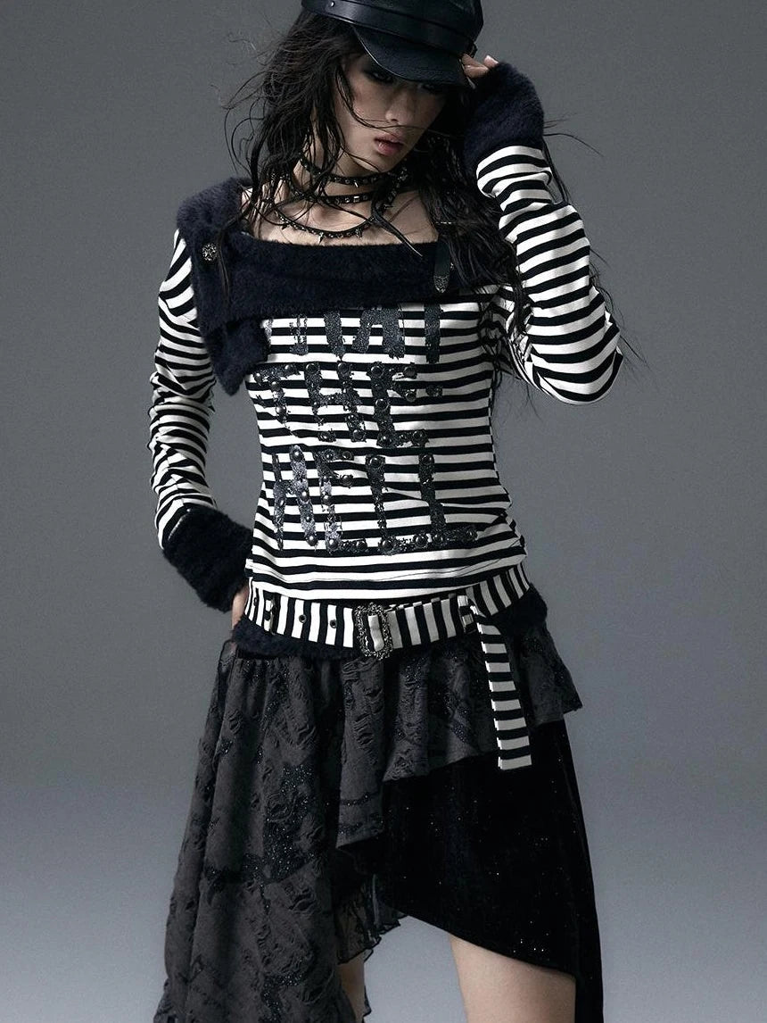 Punk Street Asymmetrical Striped Print Knit T-Shirt