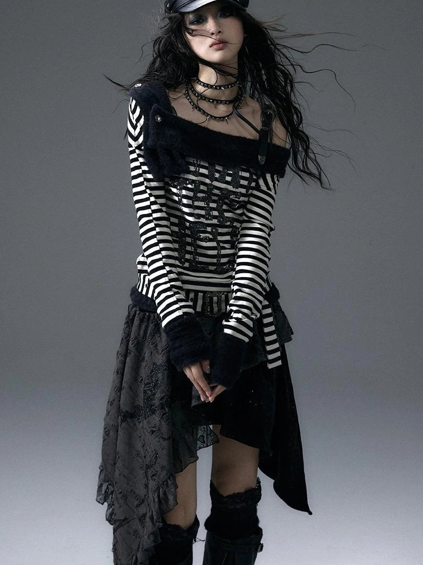 Punk Street Asymmetrical Striped Print Knit T-Shirt