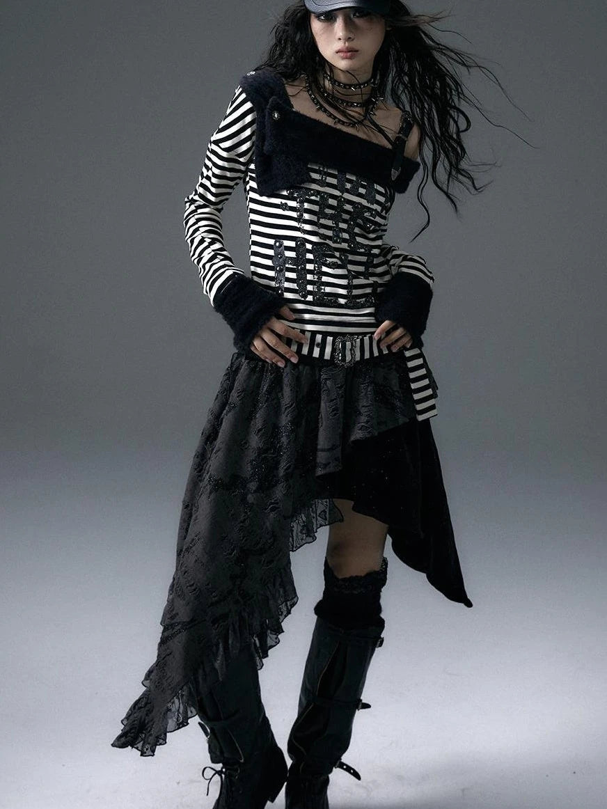 Punk Street Asymmetrical Striped Print Knit T-Shirt