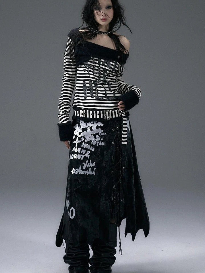 Punk Street Asymmetrical Striped Print Knit T-Shirt
