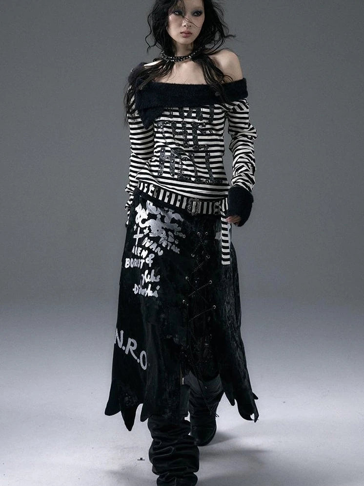 Punk Street Asymmetrical Striped Print Knit T-Shirt