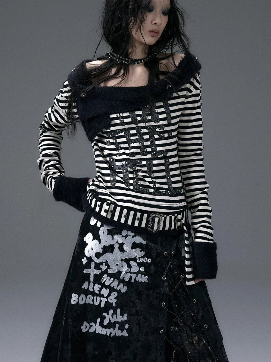 Punk Street Asymmetrical Striped Print Knit T-Shirt