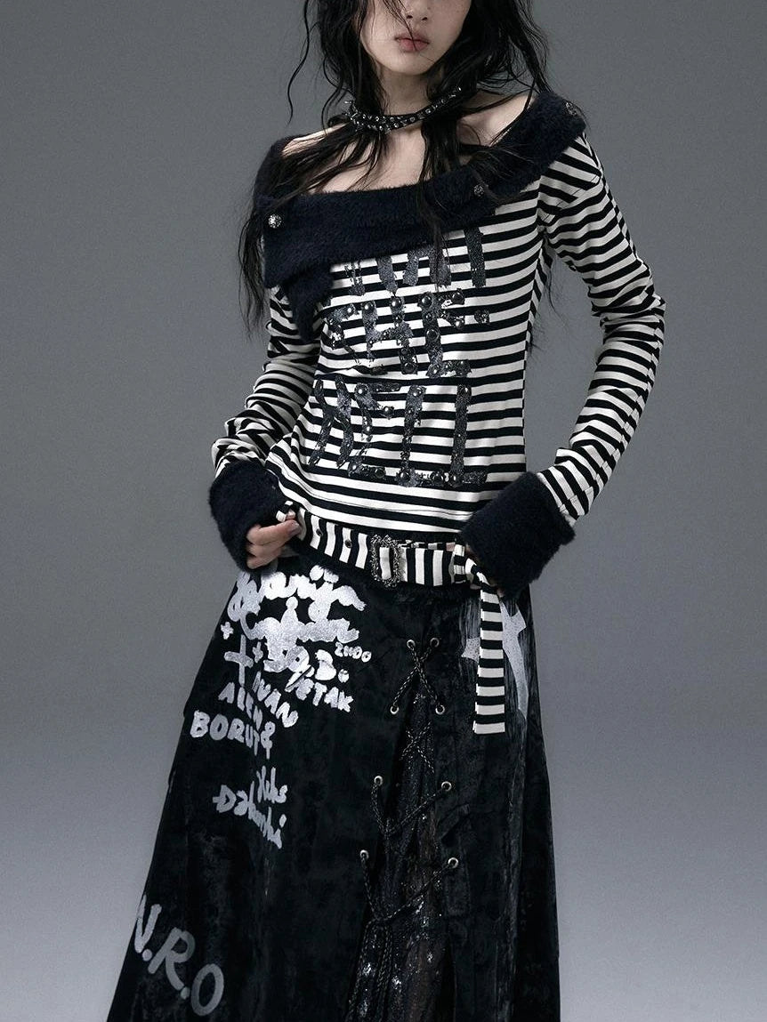 Punk Street Asymmetrical Striped Print Knit T-Shirt