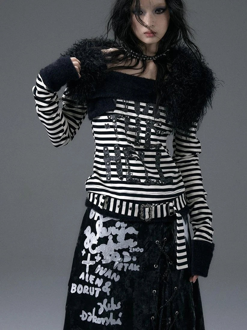 Punk Street Asymmetrical Striped Print Knit T-Shirt