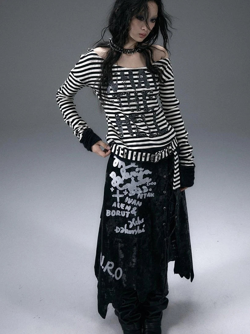 Punk Street Asymmetrical Striped Print Knit T-Shirt