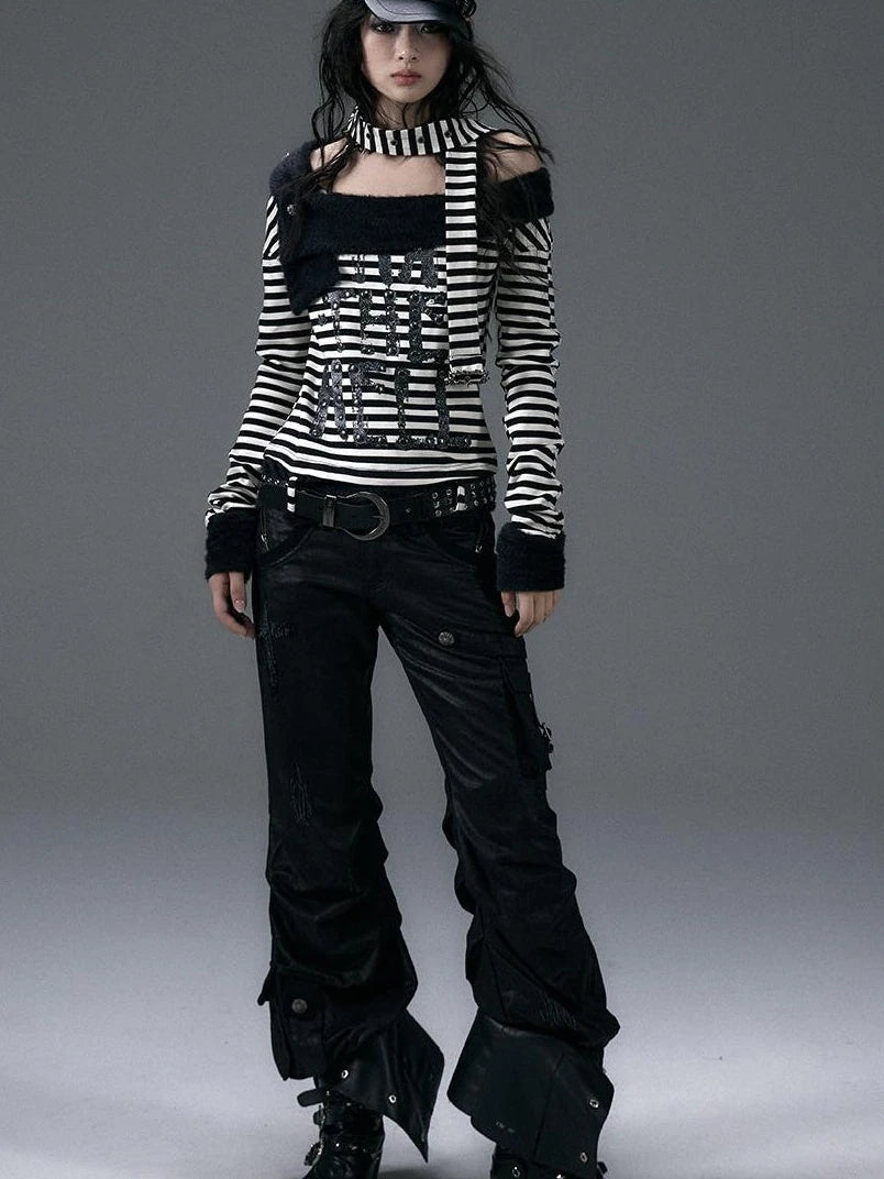 Punk Street Asymmetrical Striped Print Knit T-Shirt