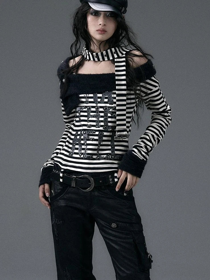 Punk Street Asymmetrical Striped Print Knit T-Shirt