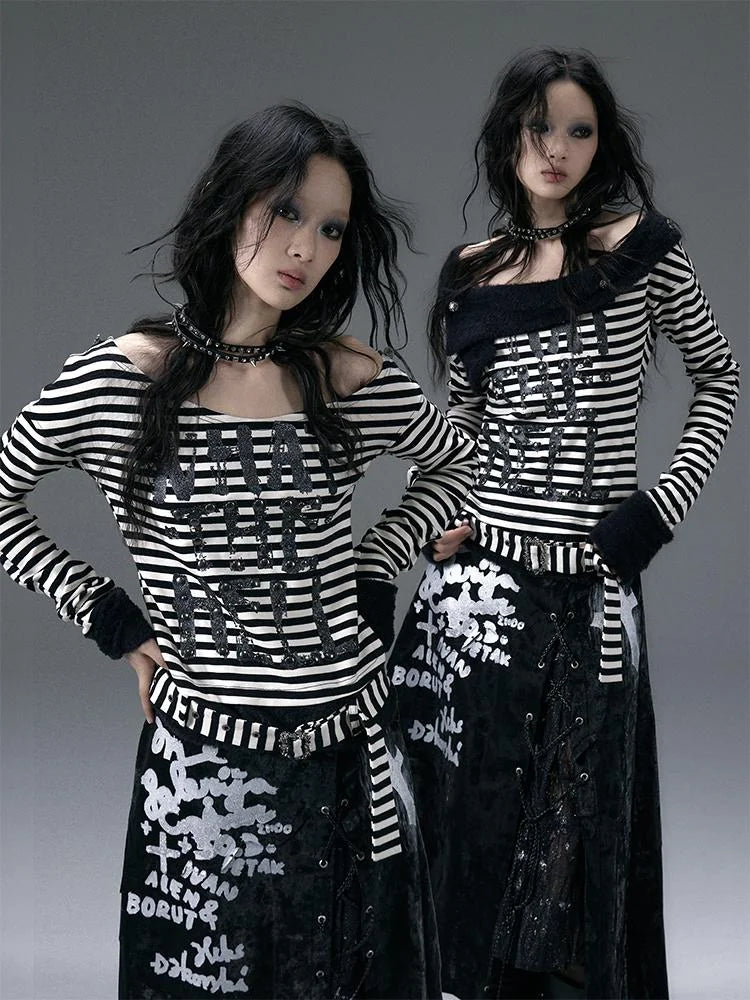 Punk Street Asymmetrical Striped Print Knit T-Shirt