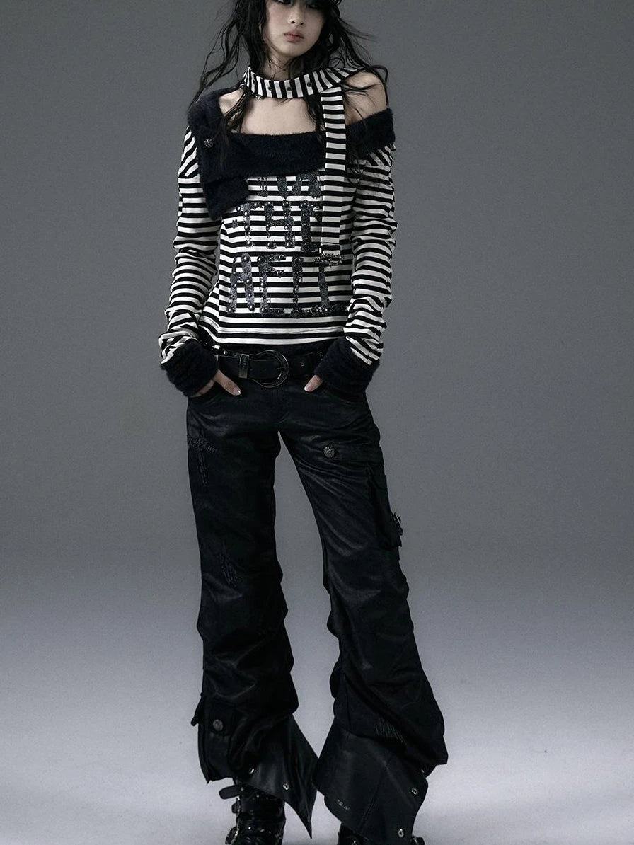 Punk Street Asymmetrical Striped Print Knit T-Shirt