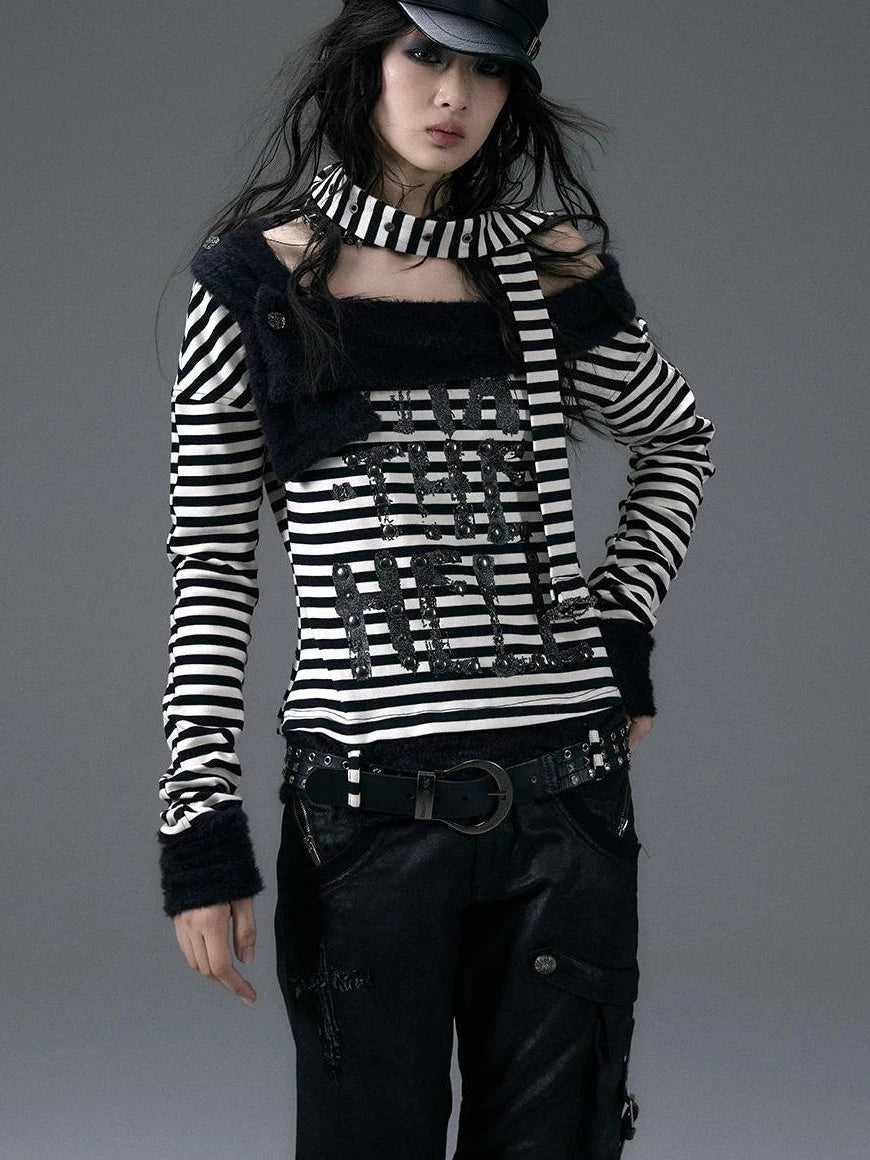 Punk Street Asymmetrical Striped Print Knit T-Shirt