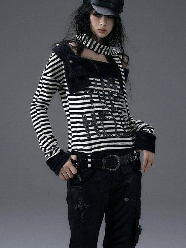 Punk Street Asymmetrical Striped Print Knit T-Shirt