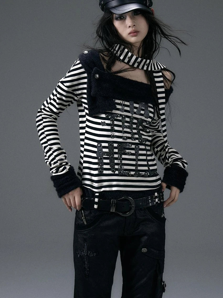 Punk Street Asymmetrical Striped Print Knit T-Shirt