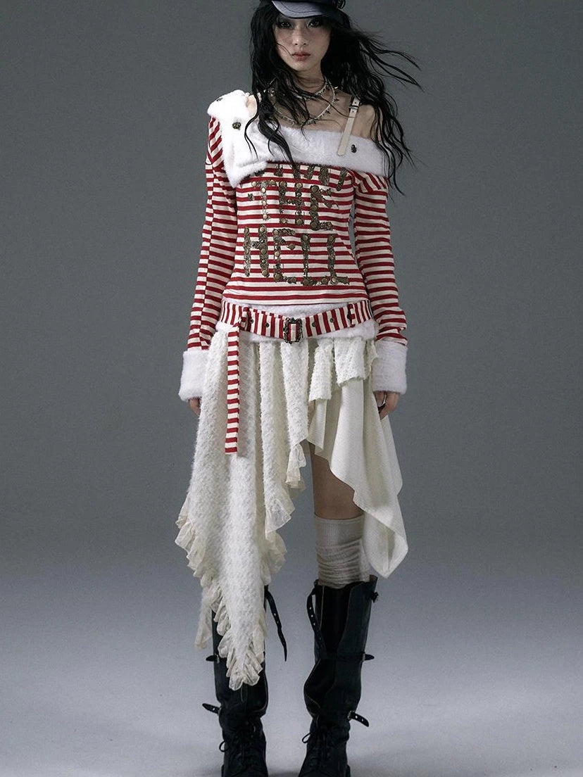Punk Street Asymmetrical Striped Print Knit T-Shirt
