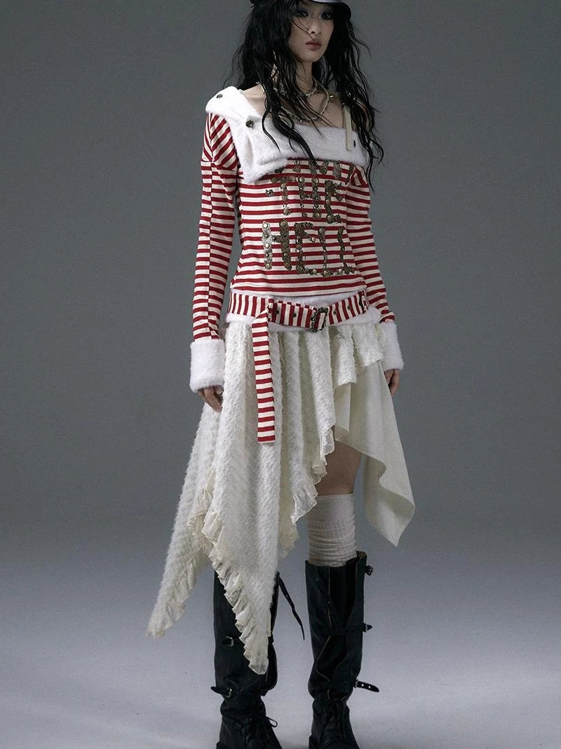 Punk Street Asymmetrical Striped Print Knit T-Shirt