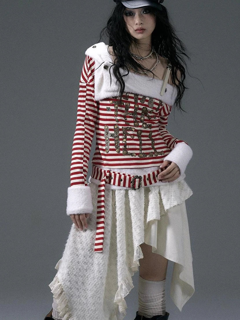 Punk Street Asymmetrical Striped Print Knit T-Shirt