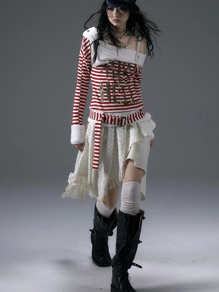 Punk Street Asymmetrical Striped Print Knit T-Shirt