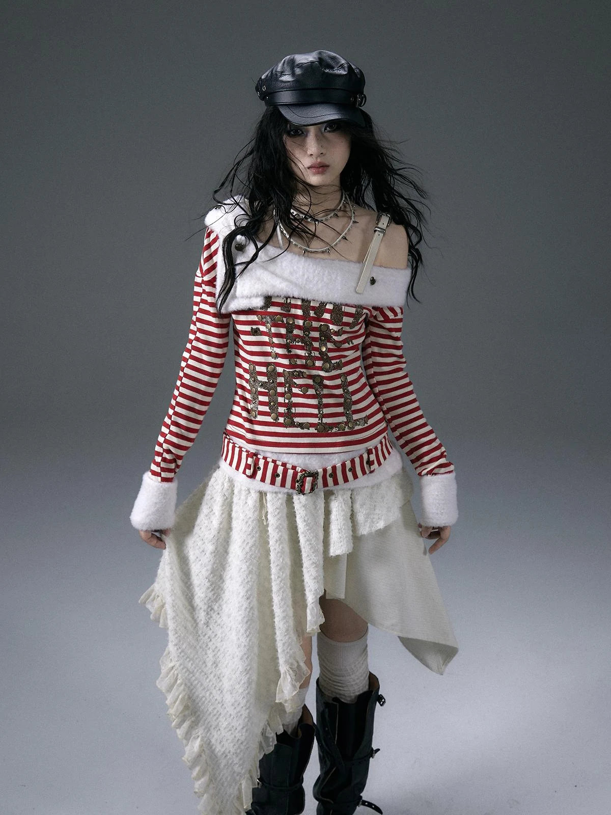 Punk Street Asymmetrical Striped Print Knit T-Shirt