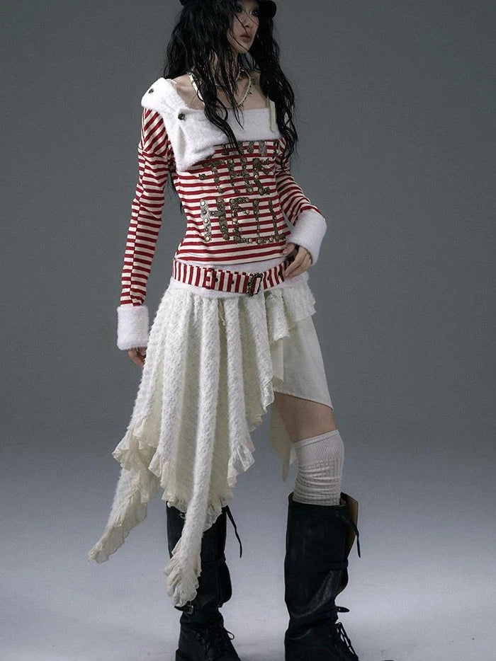Punk Street Asymmetrical Striped Print Knit T-Shirt