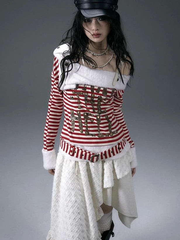 Punk Street Asymmetrical Striped Print Knit T-Shirt