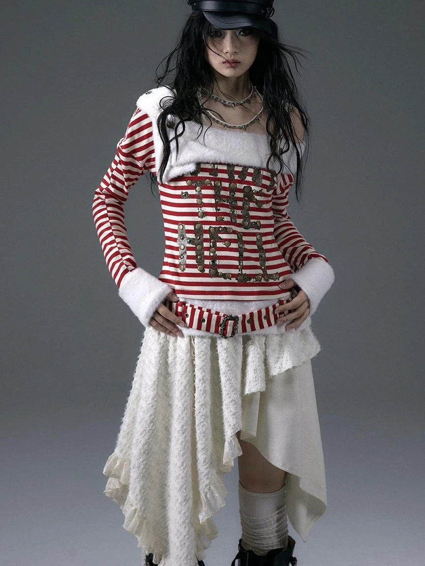 Punk Street Asymmetrical Striped Print Knit T-Shirt