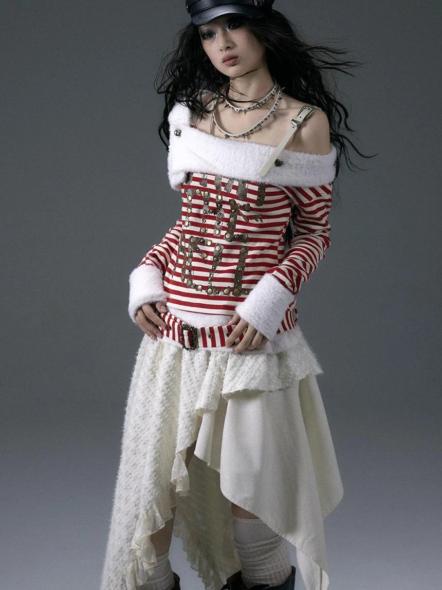 Punk Street Asymmetrical Striped Print Knit T-Shirt