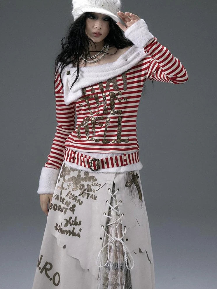 Punk Street Asymmetrical Striped Print Knit T-Shirt