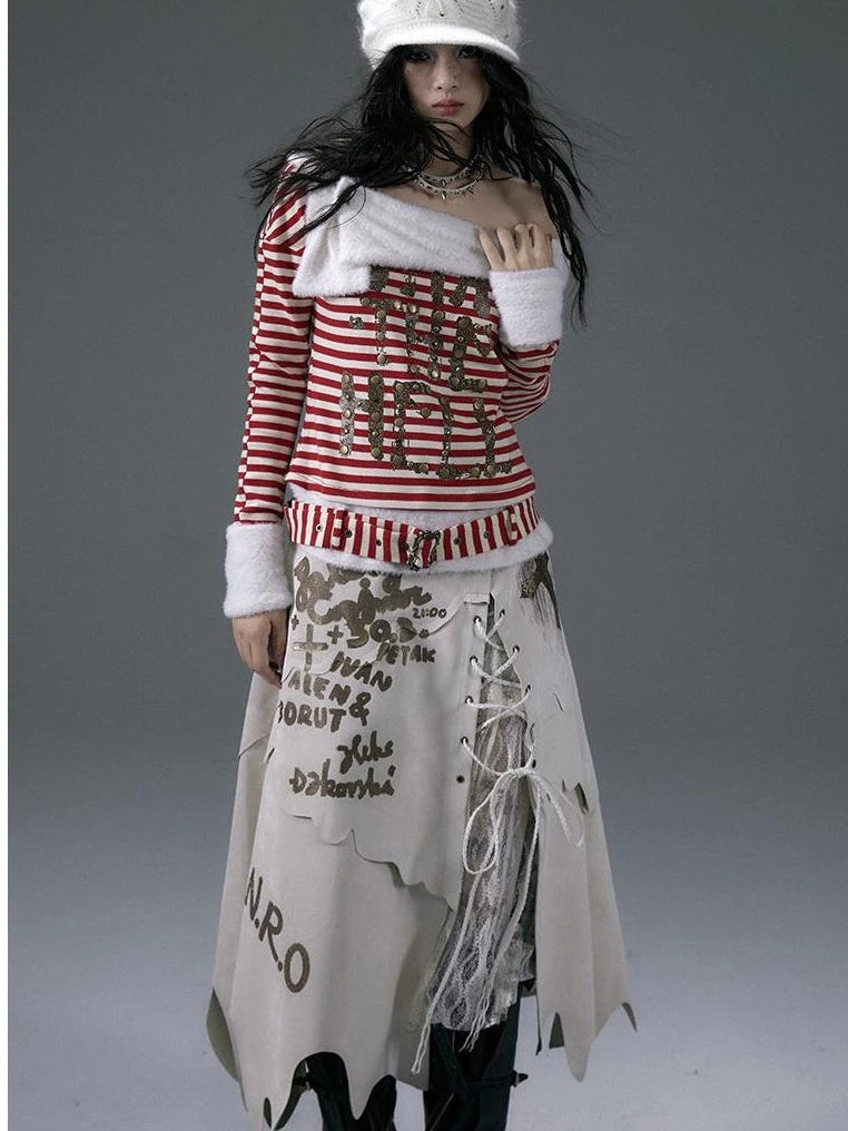 Punk Street Asymmetrical Striped Print Knit T-Shirt
