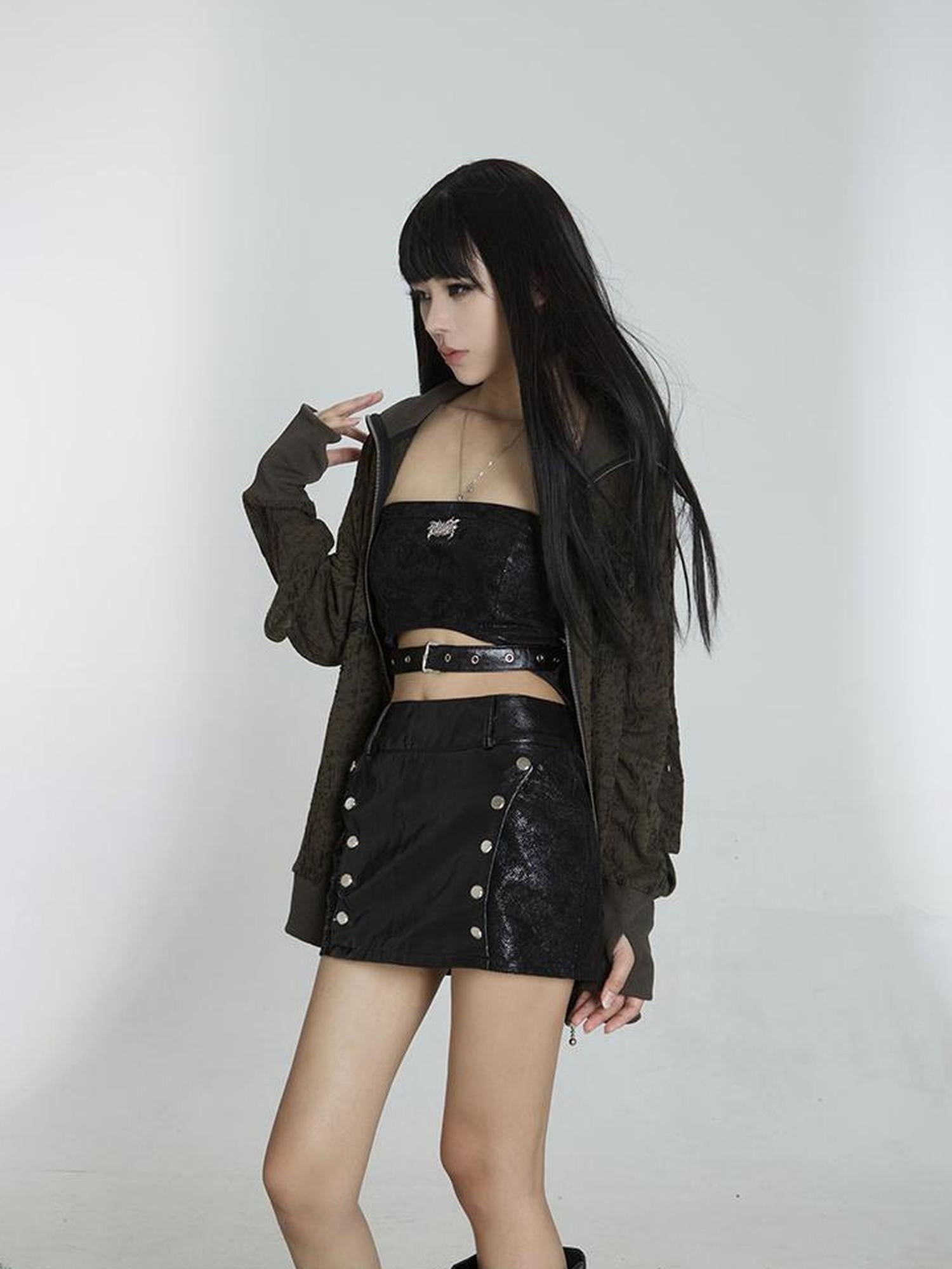 ARIADNAw Punk Street Cropped Jacket Slim Fit Micro Elastic Soft Touch