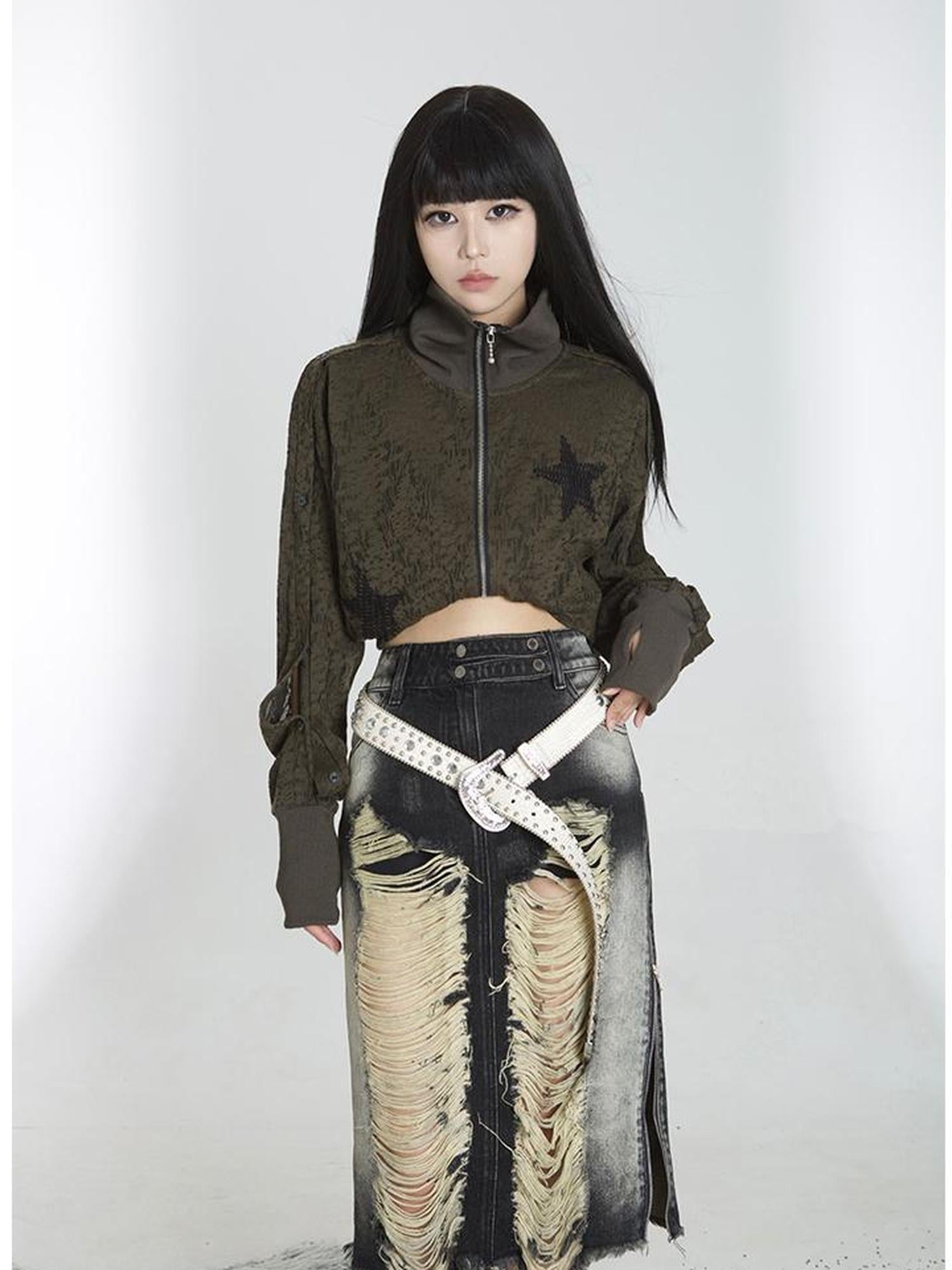 ARIADNAw Punk Street Cropped Jacket Slim Fit Micro Elastic Soft Touch