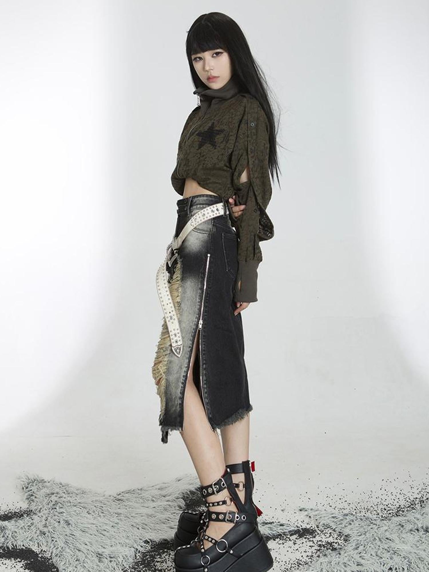 ARIADNAw Punk Street Cropped Jacket Slim Fit Micro Elastic Soft Touch