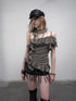 NO ROMANCE Punk Striped Asymmetrical Off-Shoulder Lace Trim Vest Top