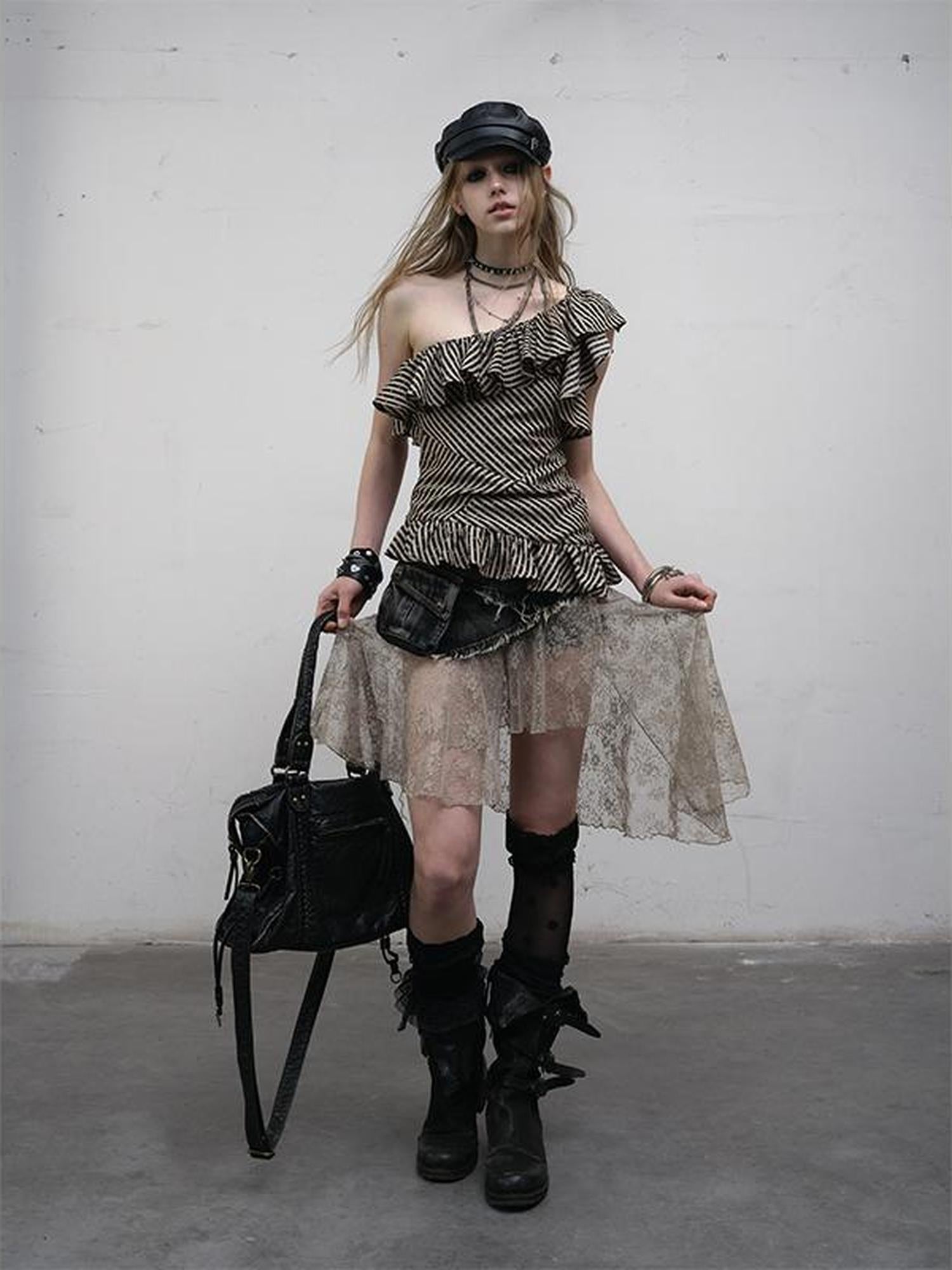 NO ROMANCE Punk Striped Asymmetrical Off-Shoulder Lace Trim Vest Top
