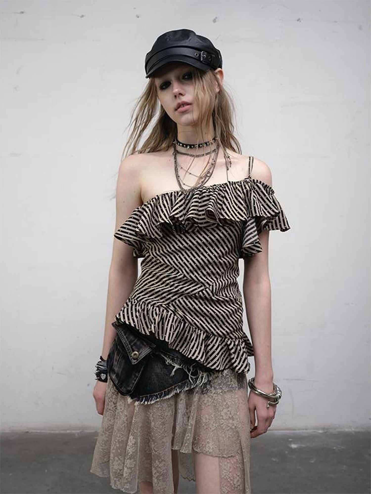 NO ROMANCE Punk Striped Asymmetrical Off-Shoulder Lace Trim Vest Top