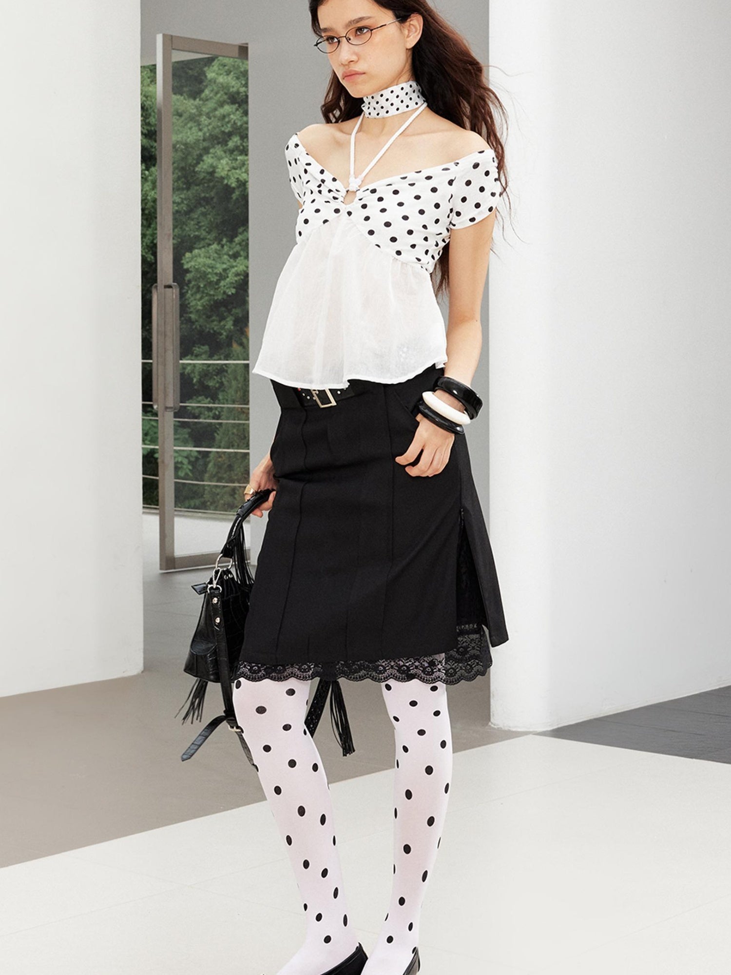 2th Desire Punk Studded Leather Waist Lace Split Fake Two Piece Skirt