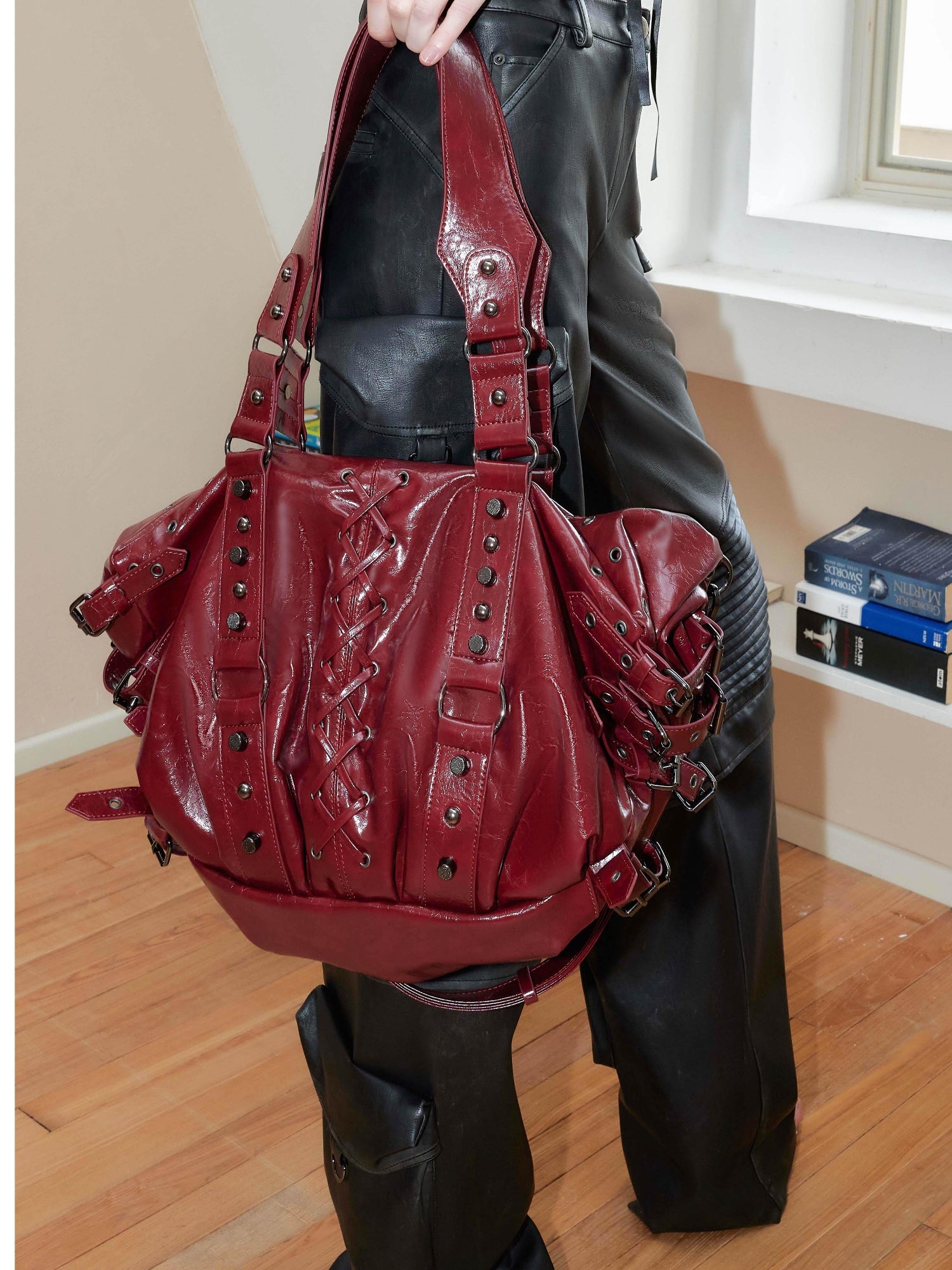 2th Desire Punk Studded Strapped Large Tote Bag Shoulder Crossbody Bag