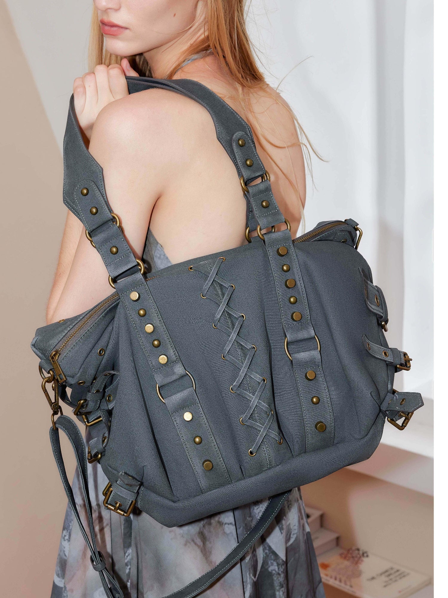 2th Desire Punk Studded Strapped Large Tote Bag Shoulder Crossbody Bag