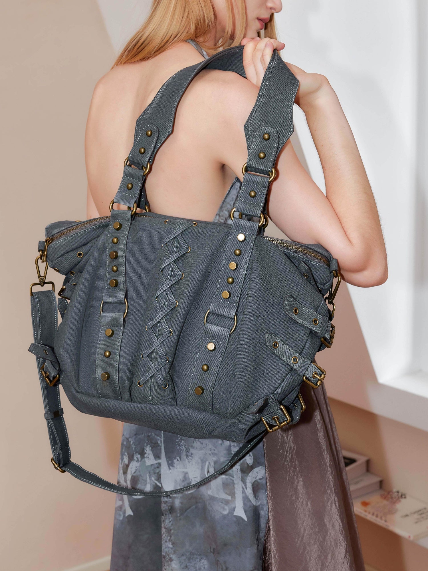 2th Desire Punk Studded Strapped Large Tote Bag Shoulder Crossbody Bag