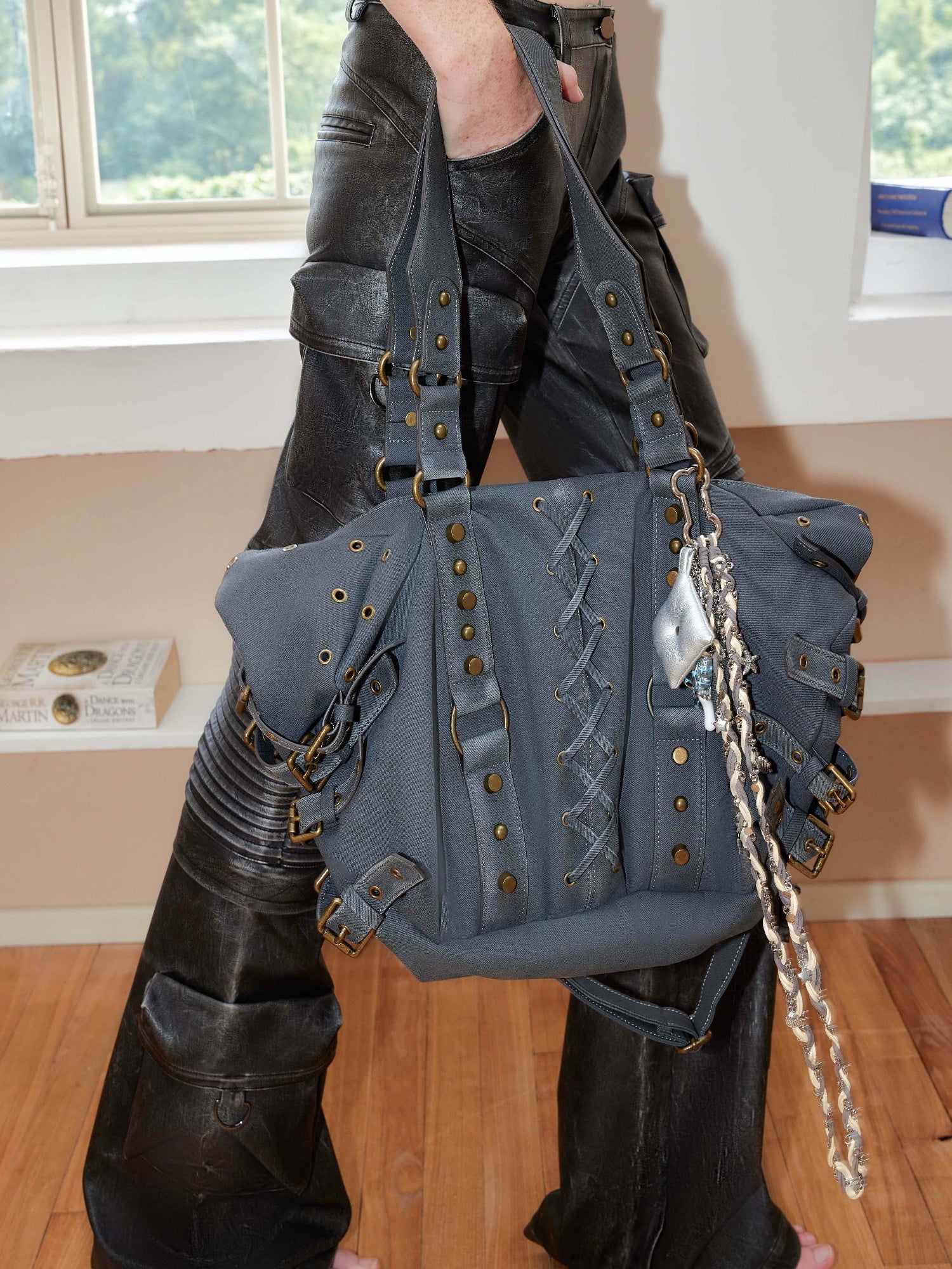 2th Desire Punk Studded Strapped Large Tote Bag Shoulder Crossbody Bag