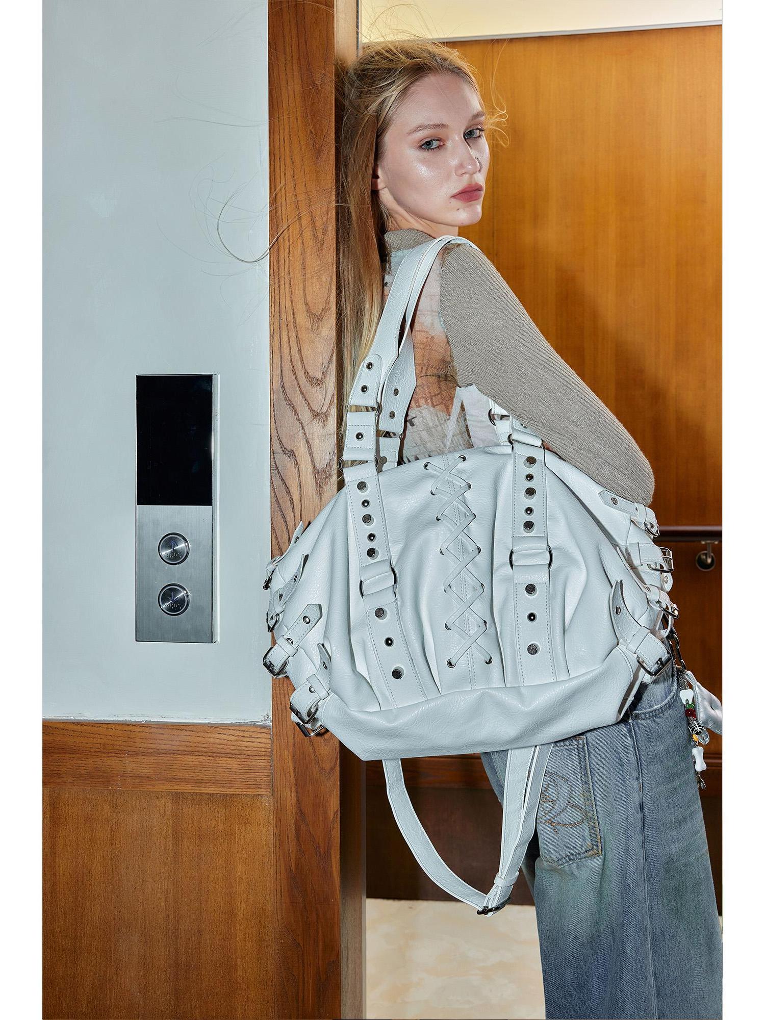 2th Desire Punk Studded Strapped Large Tote Bag Shoulder Crossbody Bag