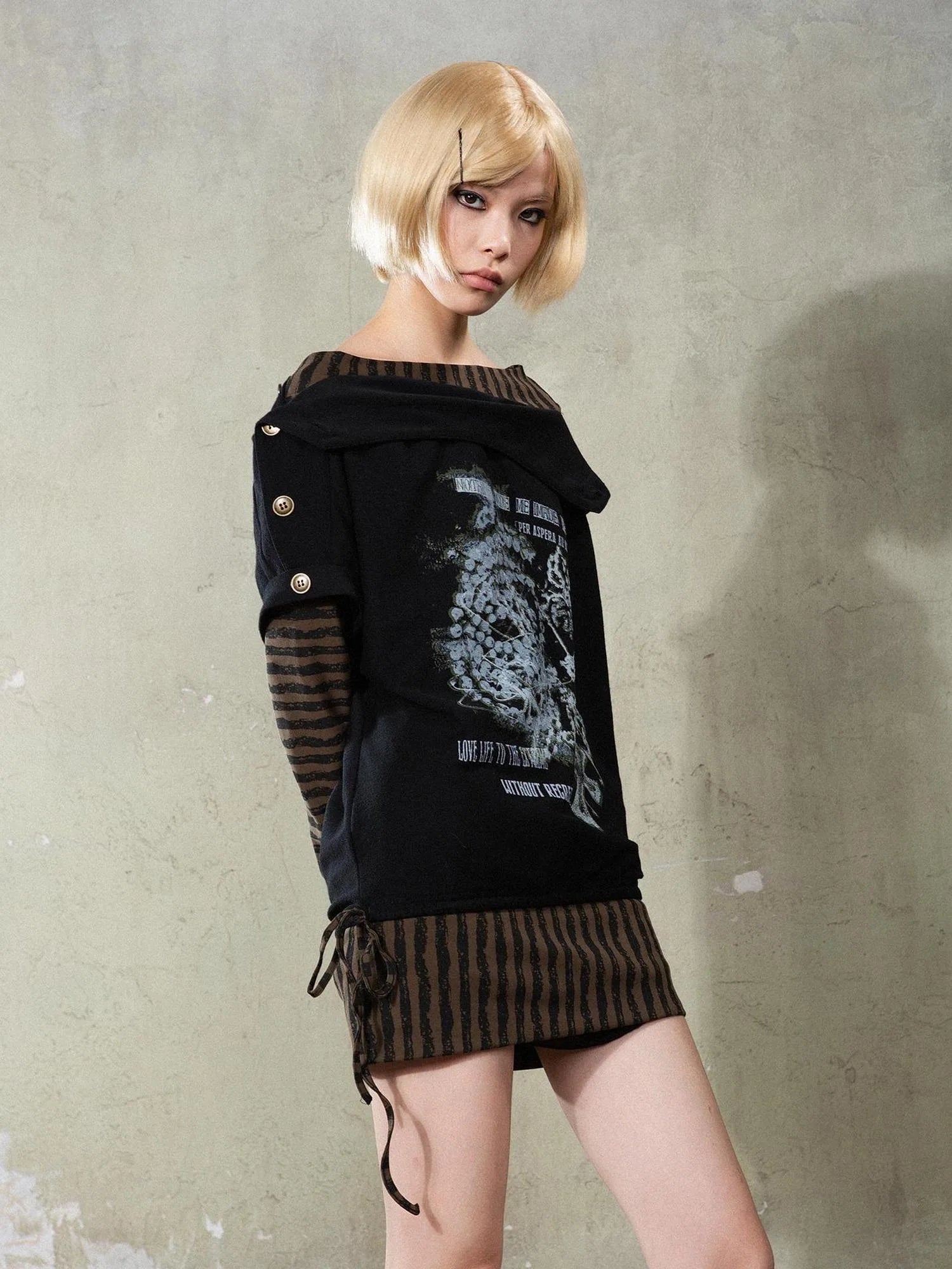 Punk Y2k Cross Print Stripe Spliced Long Sleeve Sport Shirt