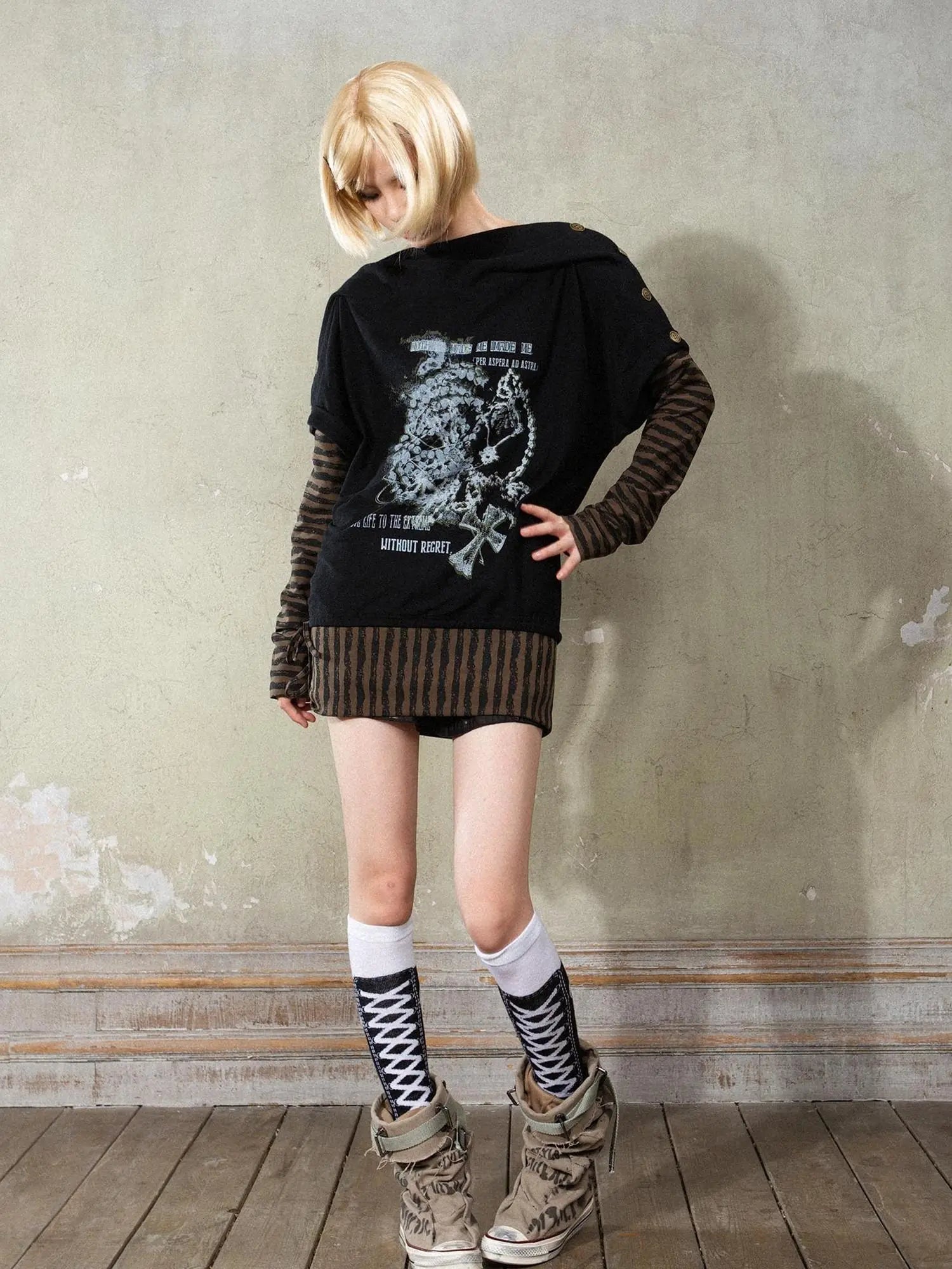 Punk Y2k Cross Print Stripe Spliced Long Sleeve Sport Shirt