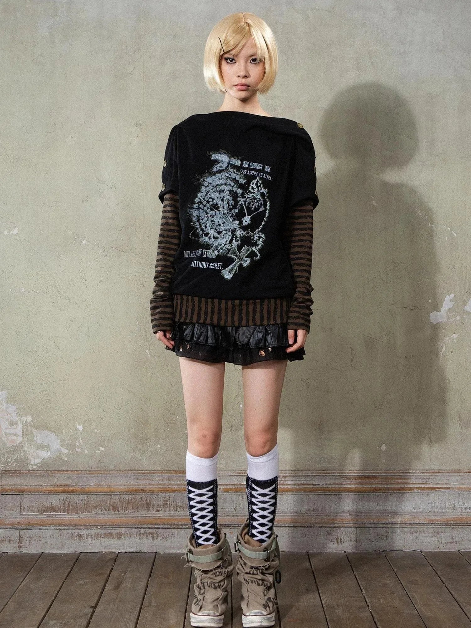 Punk Y2k Cross Print Stripe Spliced Long Sleeve Sport Shirt