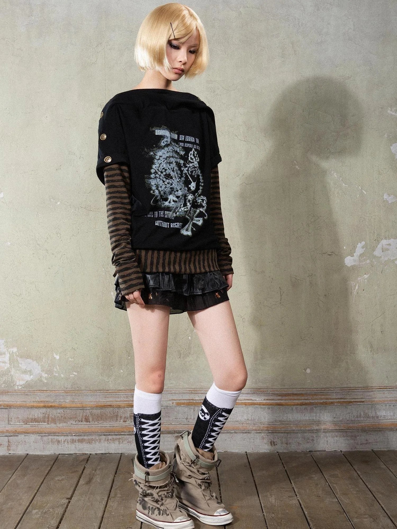 Punk Y2k Cross Print Stripe Spliced Long Sleeve Sport Shirt