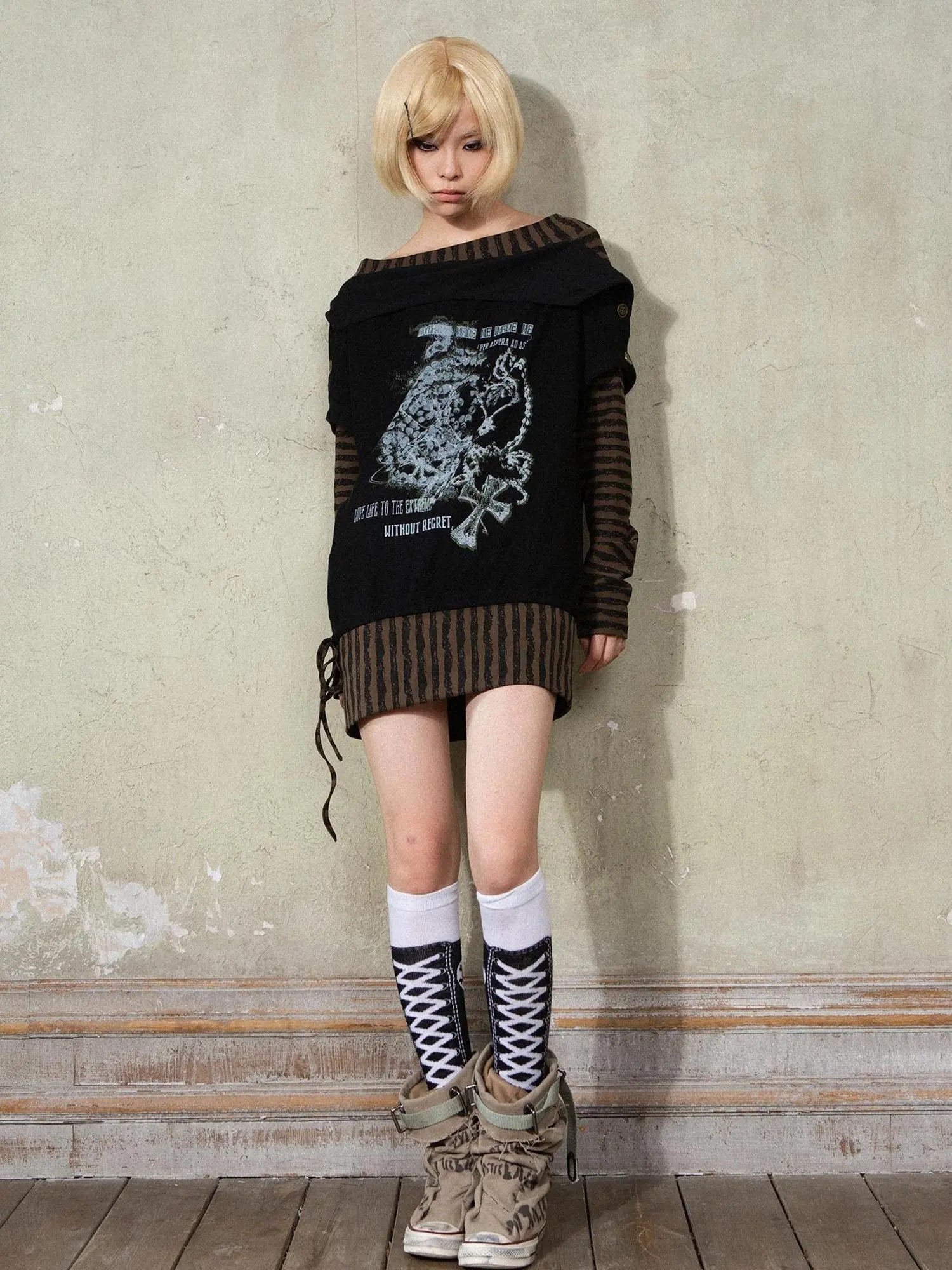 Punk Y2k Cross Print Stripe Spliced Long Sleeve Sport Shirt