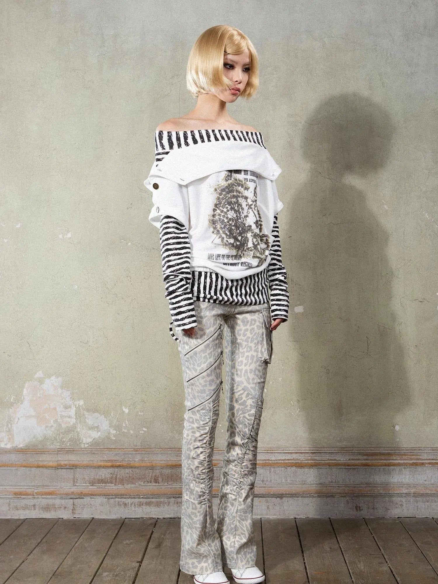 Punk Y2k Cross Print Stripe Spliced Long Sleeve Sport Shirt