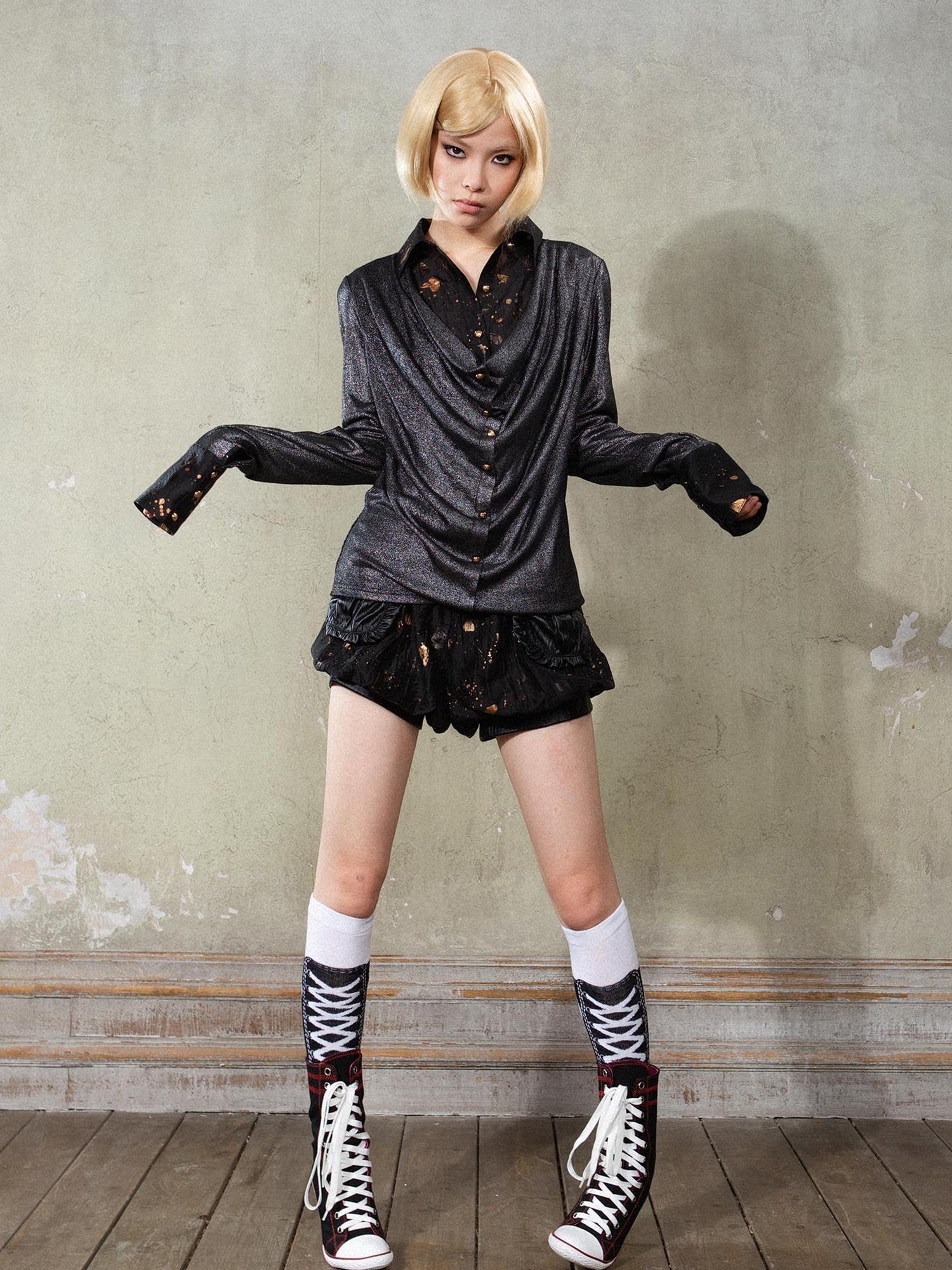 ARIADNAw Punk Y2k Rock V Neck Grain Collar Patchwork Long Sleeve Shirt