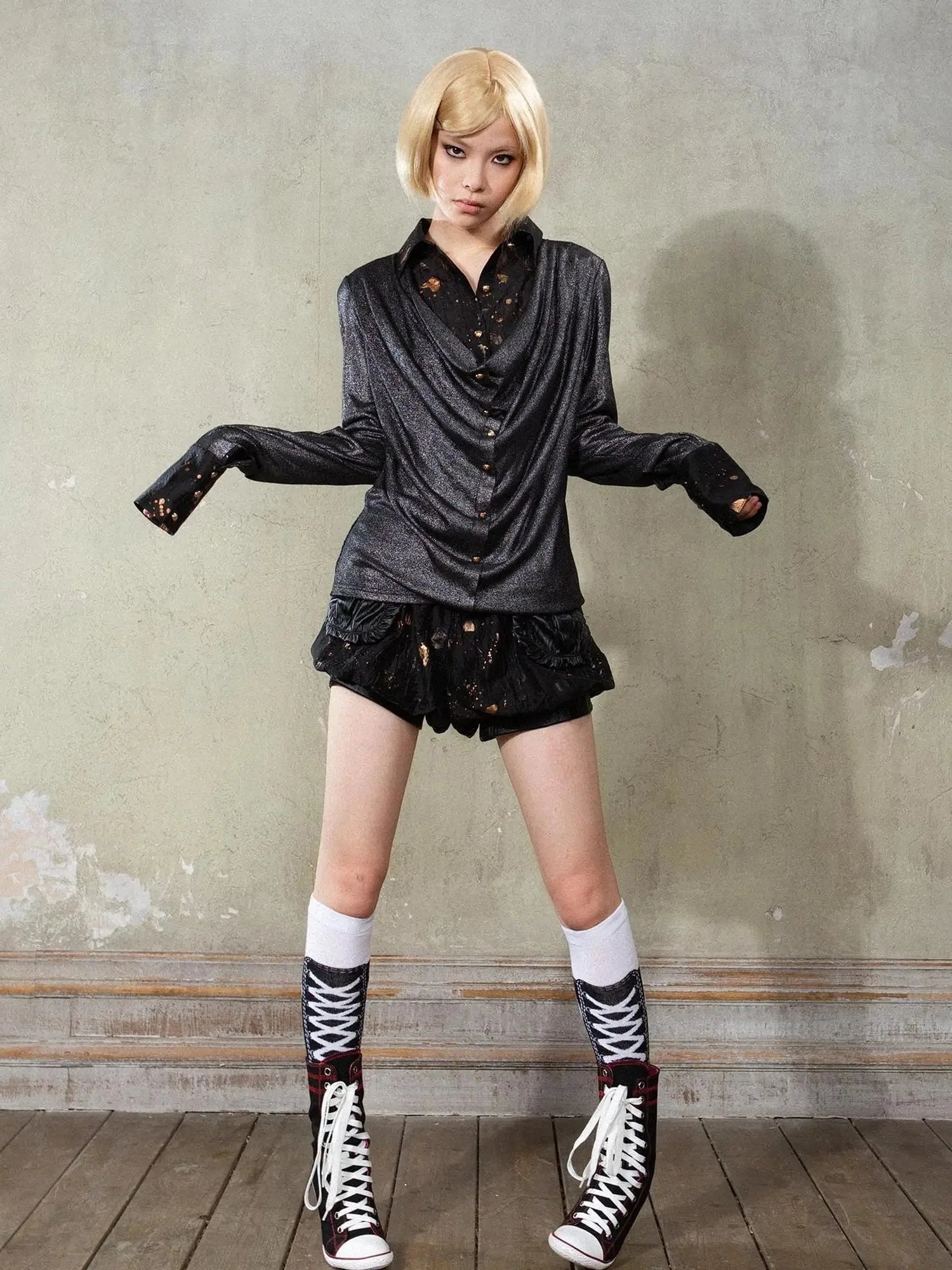 Punk Y2k Rock V Neck Grain Collar Patchwork Long Sleeve Shirt